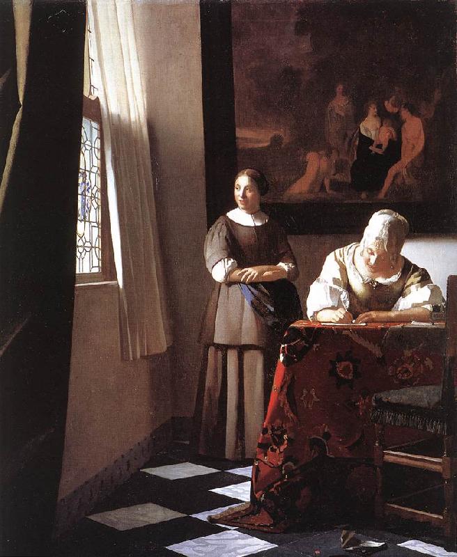 VERMEER VAN DELFT, Jan Lady Writing a Letter with Her Maid ar France oil painting art